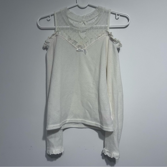 Mars Tops - Cream Mars Jfashion Polkadot Mesh Cold Shoulder Top Size Small